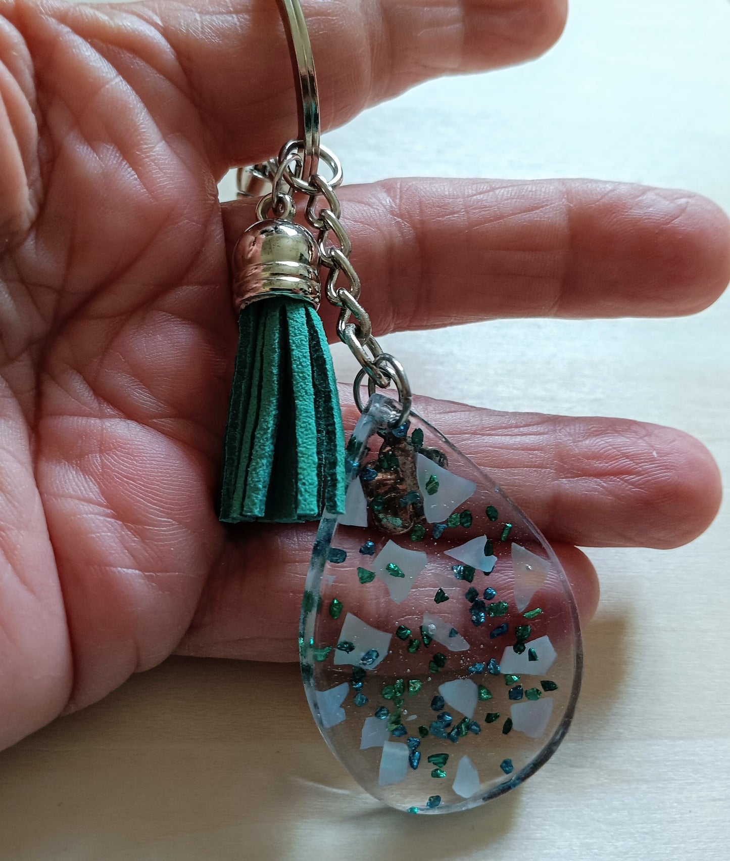White Abalone Keychain in Resin with a Gift Box