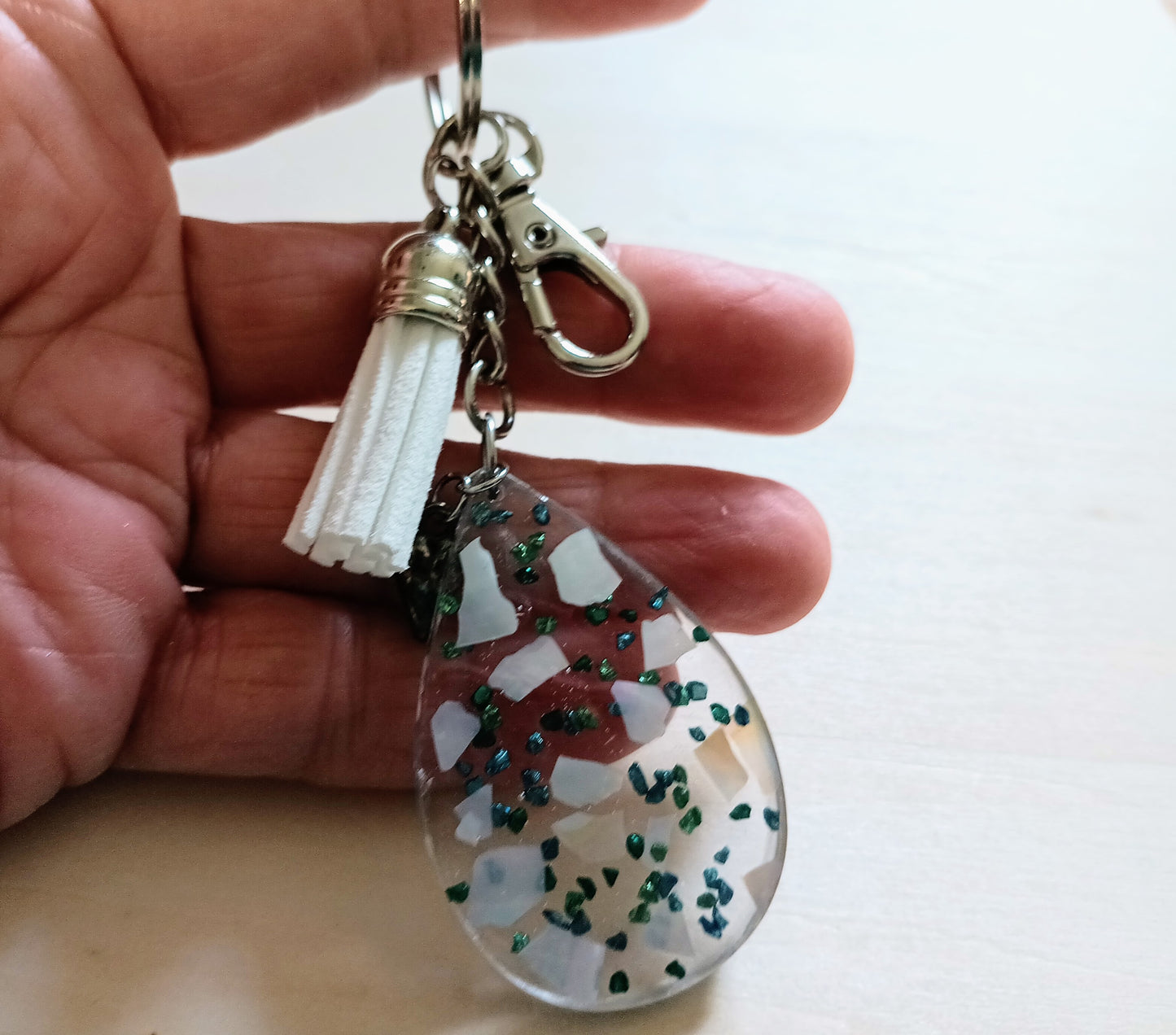 White Abalone Keychain in Resin with a Gift Box