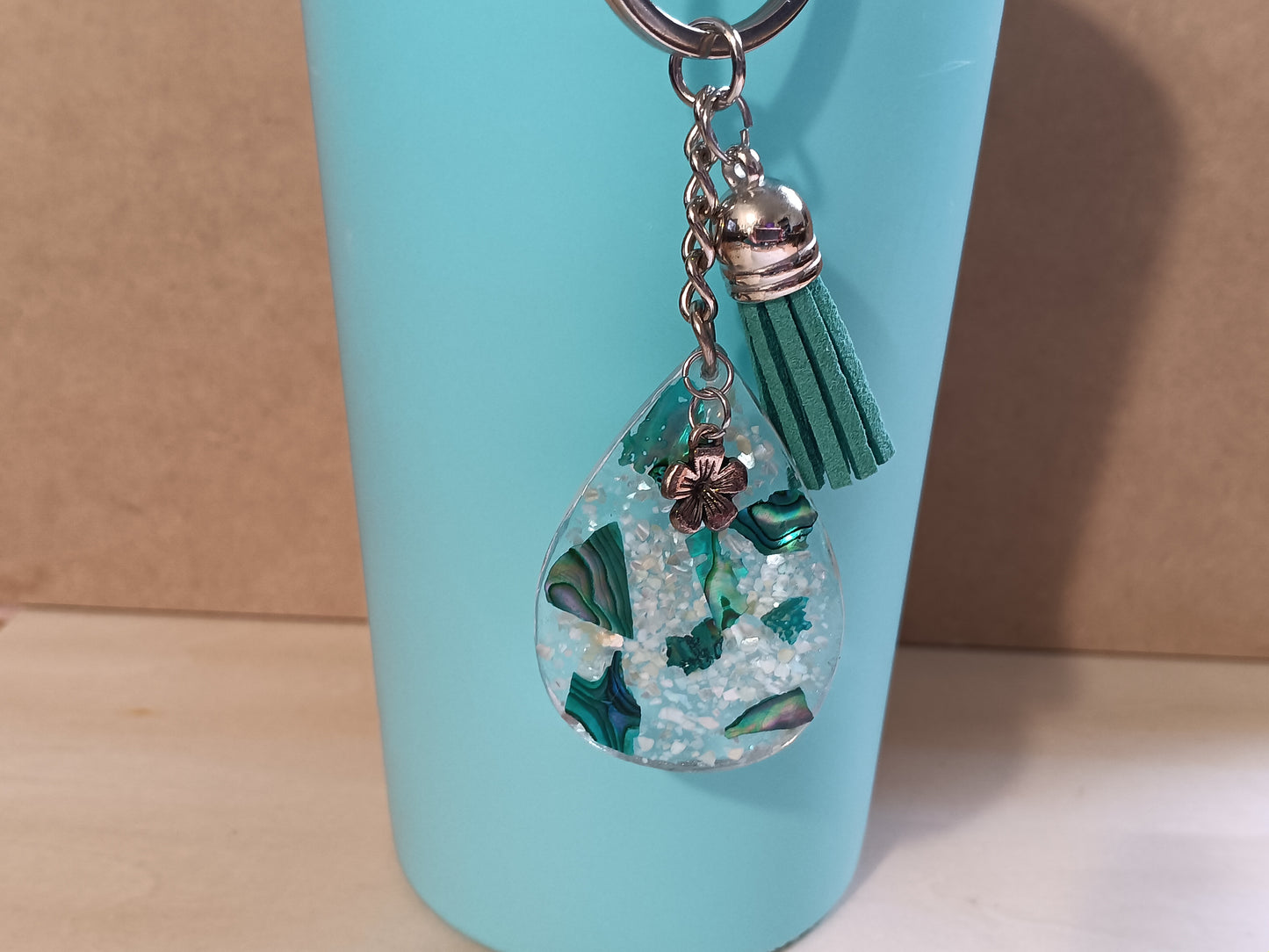 Green and Blue Abalone Keychain in Resin with a Gift Box