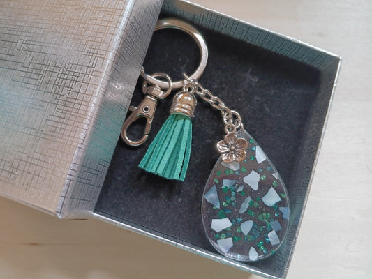 White Abalone Keychain in Resin with a Gift Box