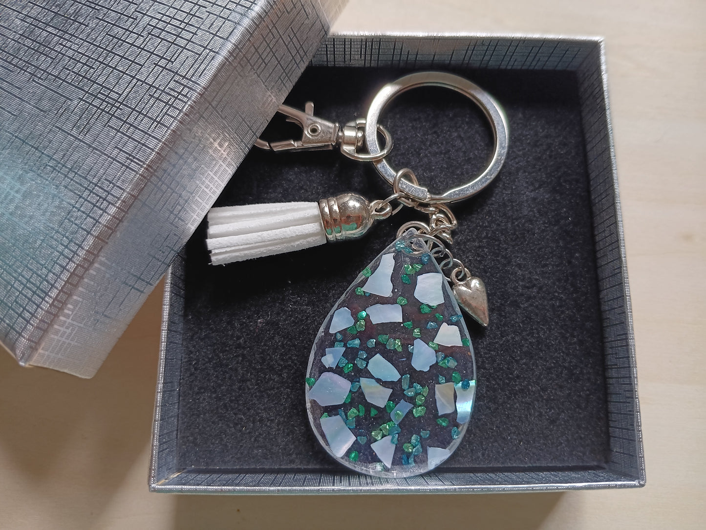 White Abalone Keychain in Resin with a Gift Box