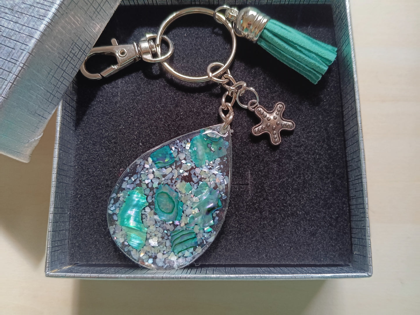 Green and Blue Abalone Keychain in Resin with a Gift Box