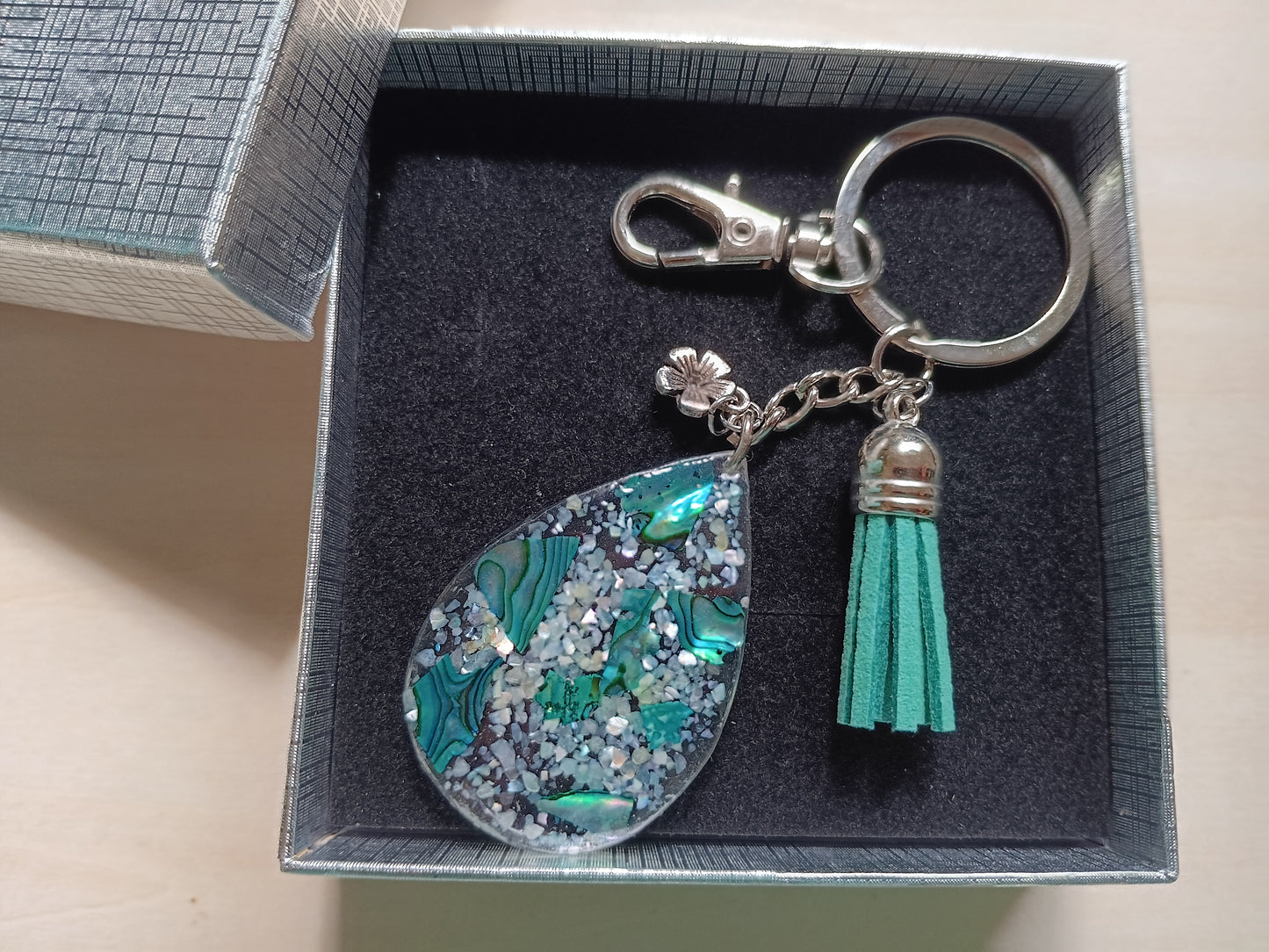 Green and Blue Abalone Keychain in Resin with a Gift Box