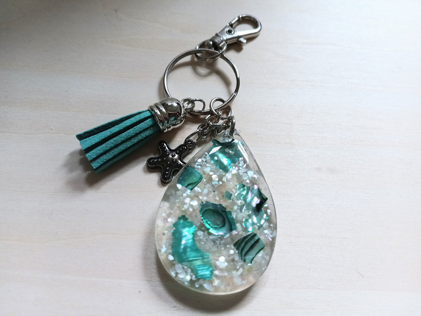 Green and Blue Abalone Keychain in Resin with a Gift Box