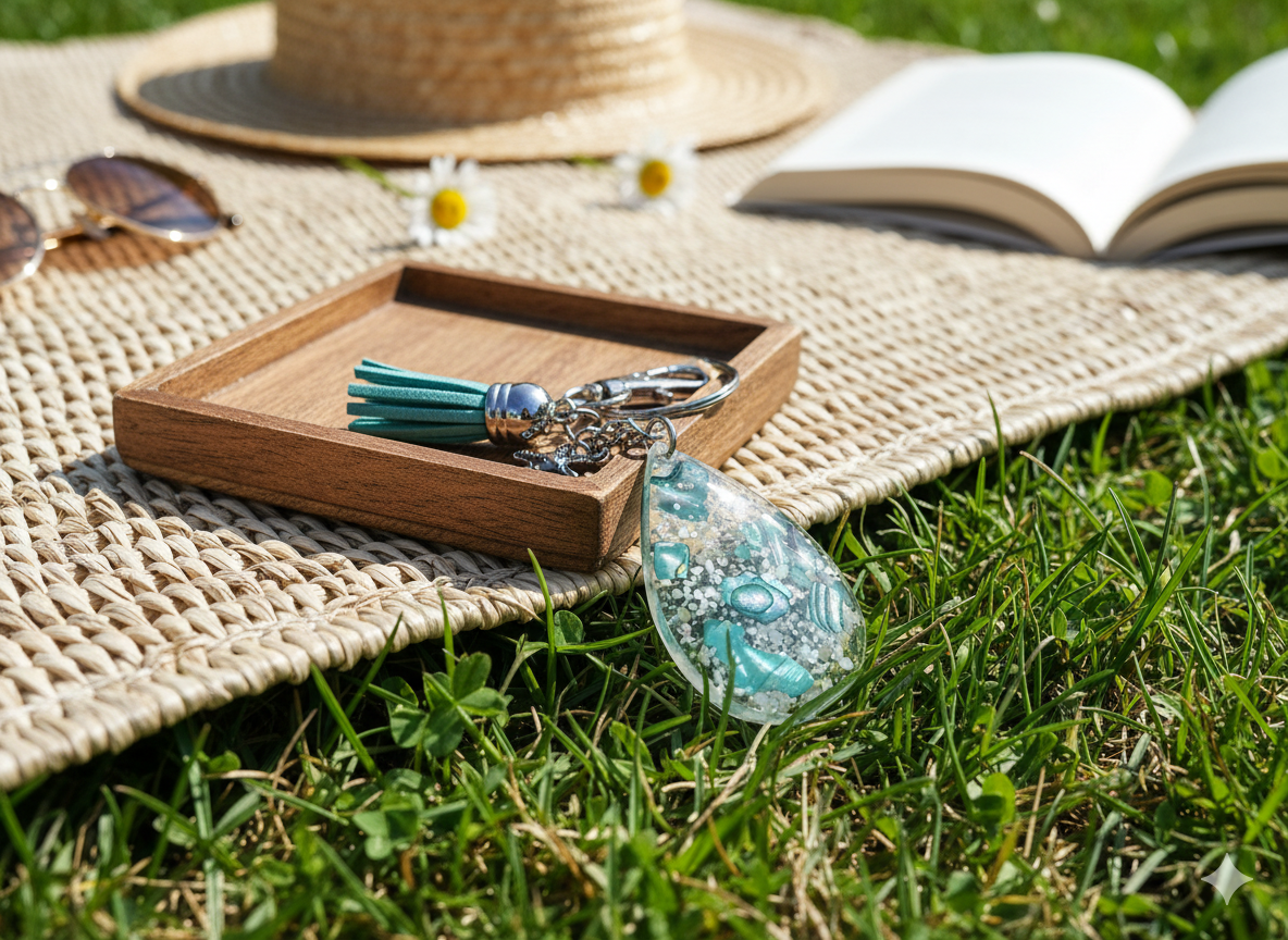 Green and Blue Abalone Keychain in Resin with a Gift Box