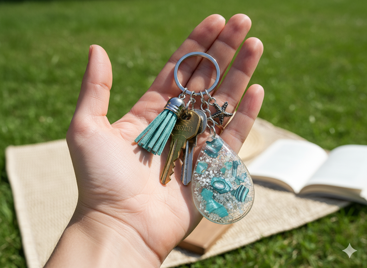 Green and Blue Abalone Keychain in Resin with a Gift Box